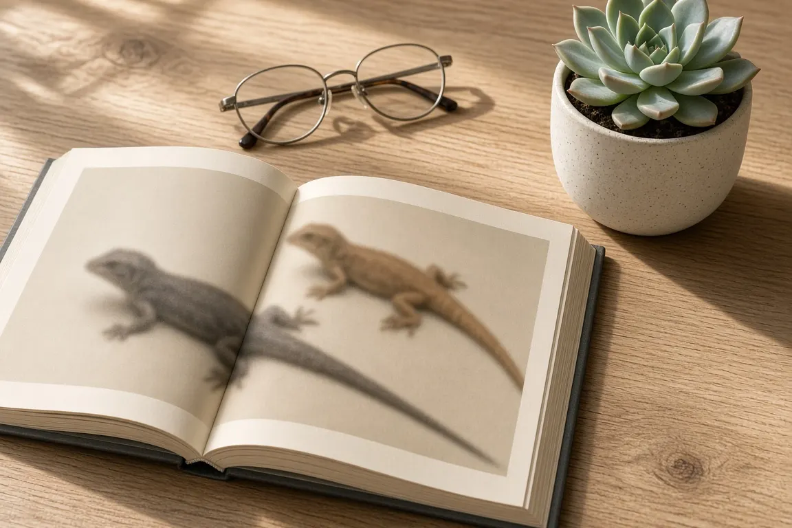 A reptile care book open on a wooden desk beside a small potted succulent and reading glasses