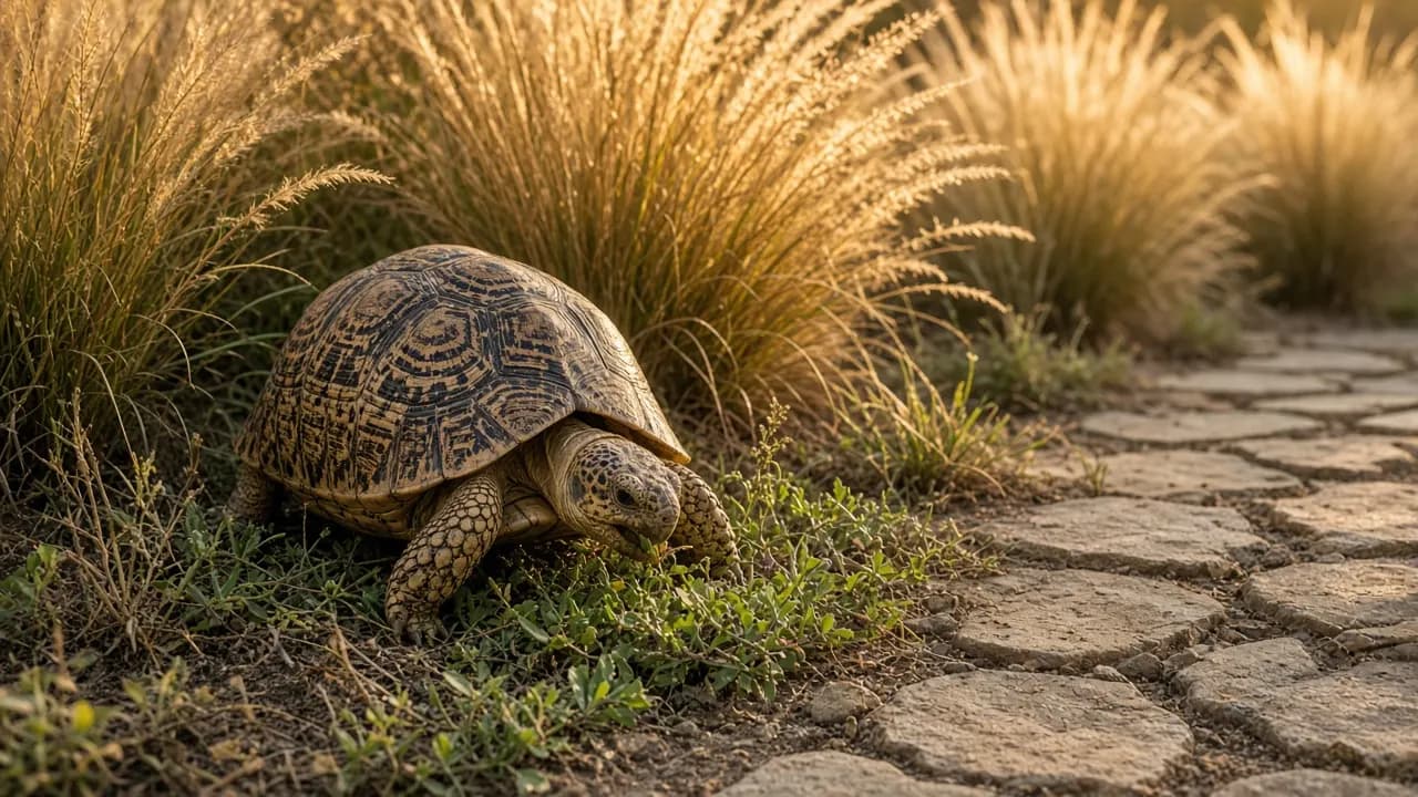 A leopard tortoise grazing beside a stone path in a late-summer garden with ornamental grasses