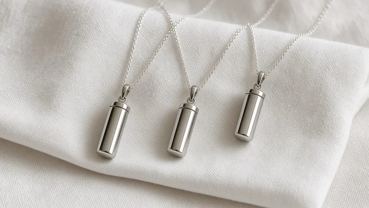 Three small silver cremation pendants on fine chains laid across a folded linen napkin