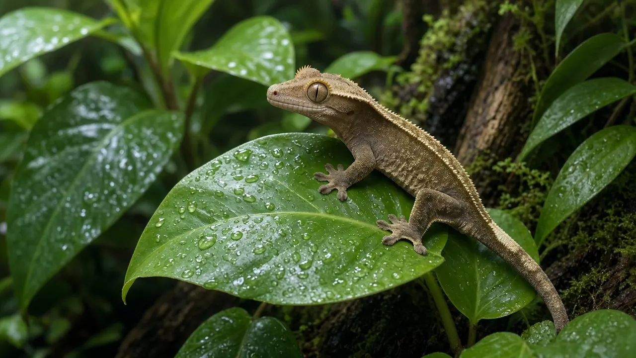 A crested gecko clinging to a leaf in a planted terrarium, lit softly from above