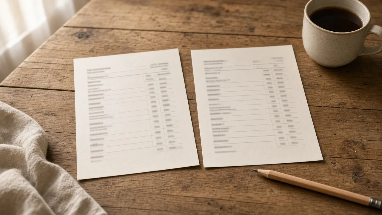 Two printed price sheets side by side on a kitchen table with a pencil and a mug of coffee, text blurred and unreadable