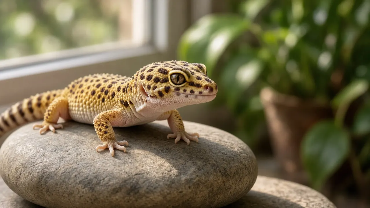 A healthy leopard gecko resting on a smooth stone near a sunny window, soft focus houseplants behind