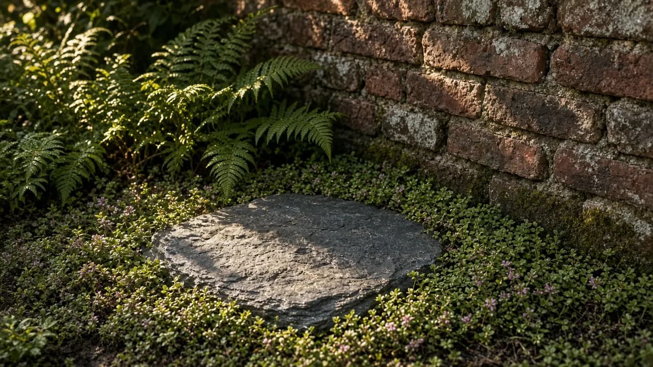 A quiet sunlit corner of a garden with a flat slate stone set among low ferns and creeping thyme beside an old brick wall
