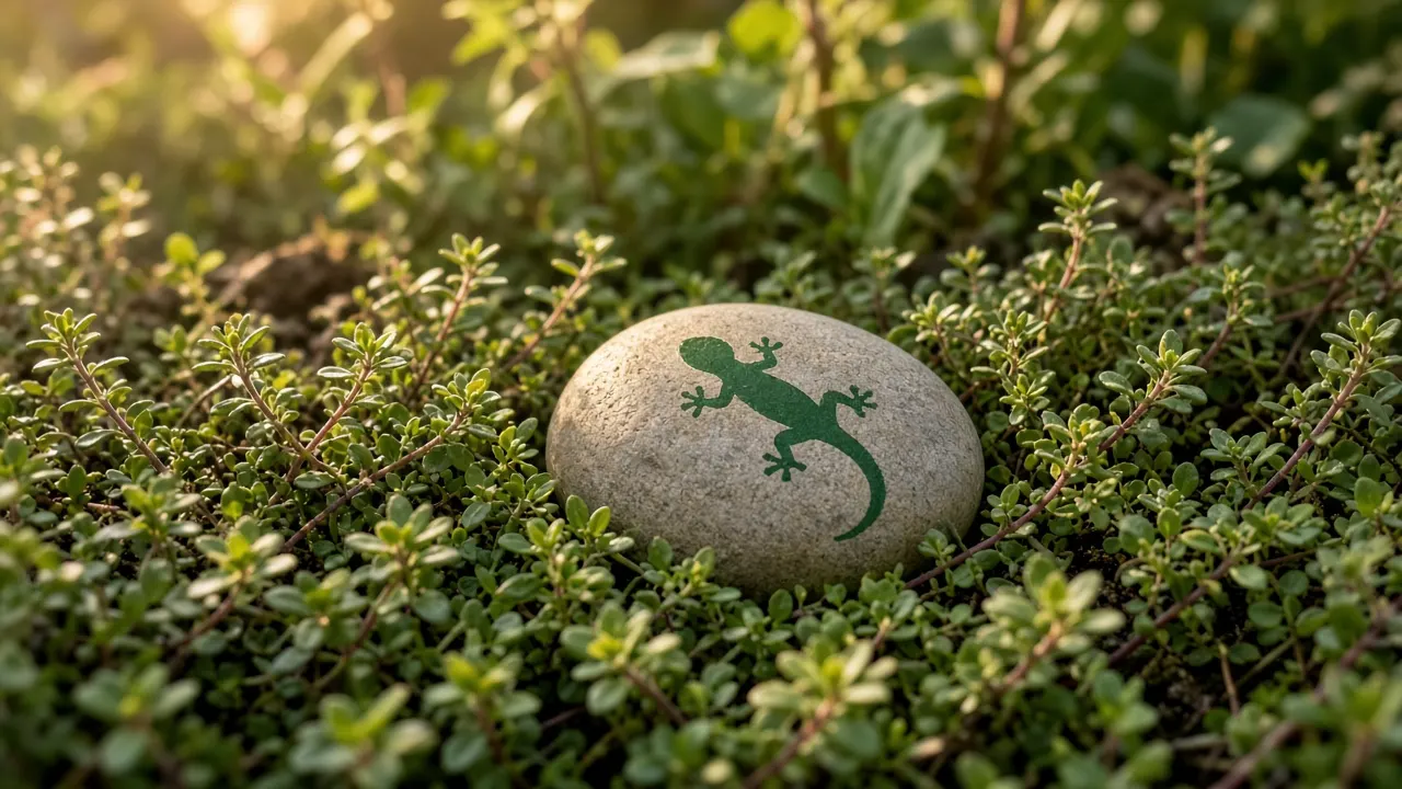 A small hand-painted river stone with a simple green gecko outline resting among creeping thyme in a garden border
