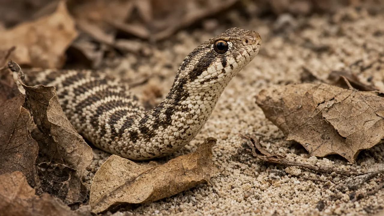 A healthy western hognose snake with an upturned snout resting on sandy substrate among dry leaves