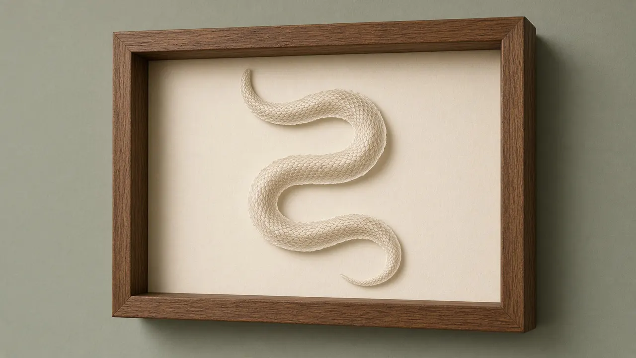 A deep oak shadow-box frame holding a complete pale snake shed laid in a gentle S-curve on cream card, hanging on a sage green wall