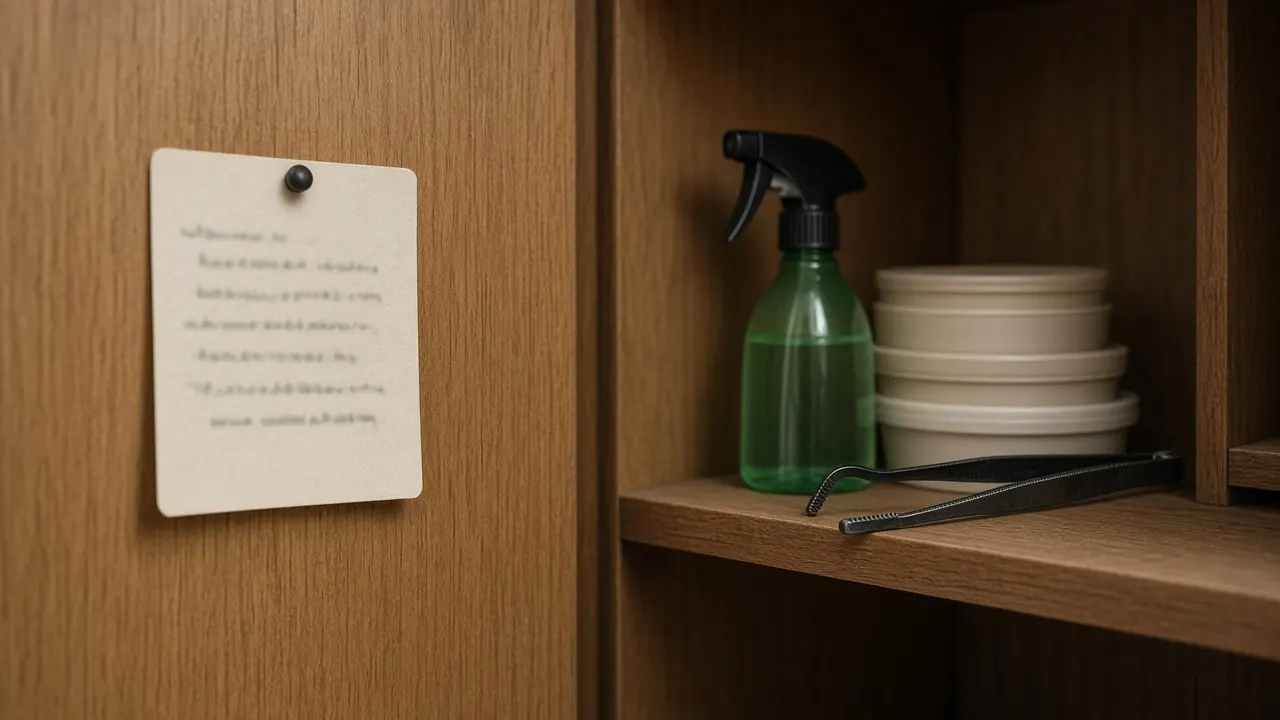 A handwritten index card pinned inside a wooden cupboard door beside neatly stacked reptile supplies, writing blurred