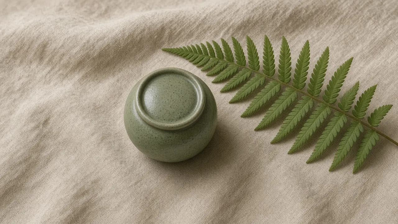 A tiny round stoneware keepsake urn in soft green glaze on a linen cloth beside a single fern frond