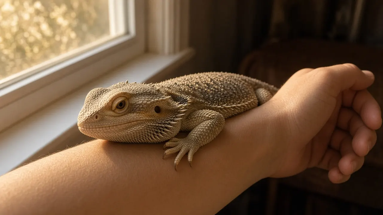 An older bearded dragon resting calmly on a keeper's forearm in warm evening light by a window
