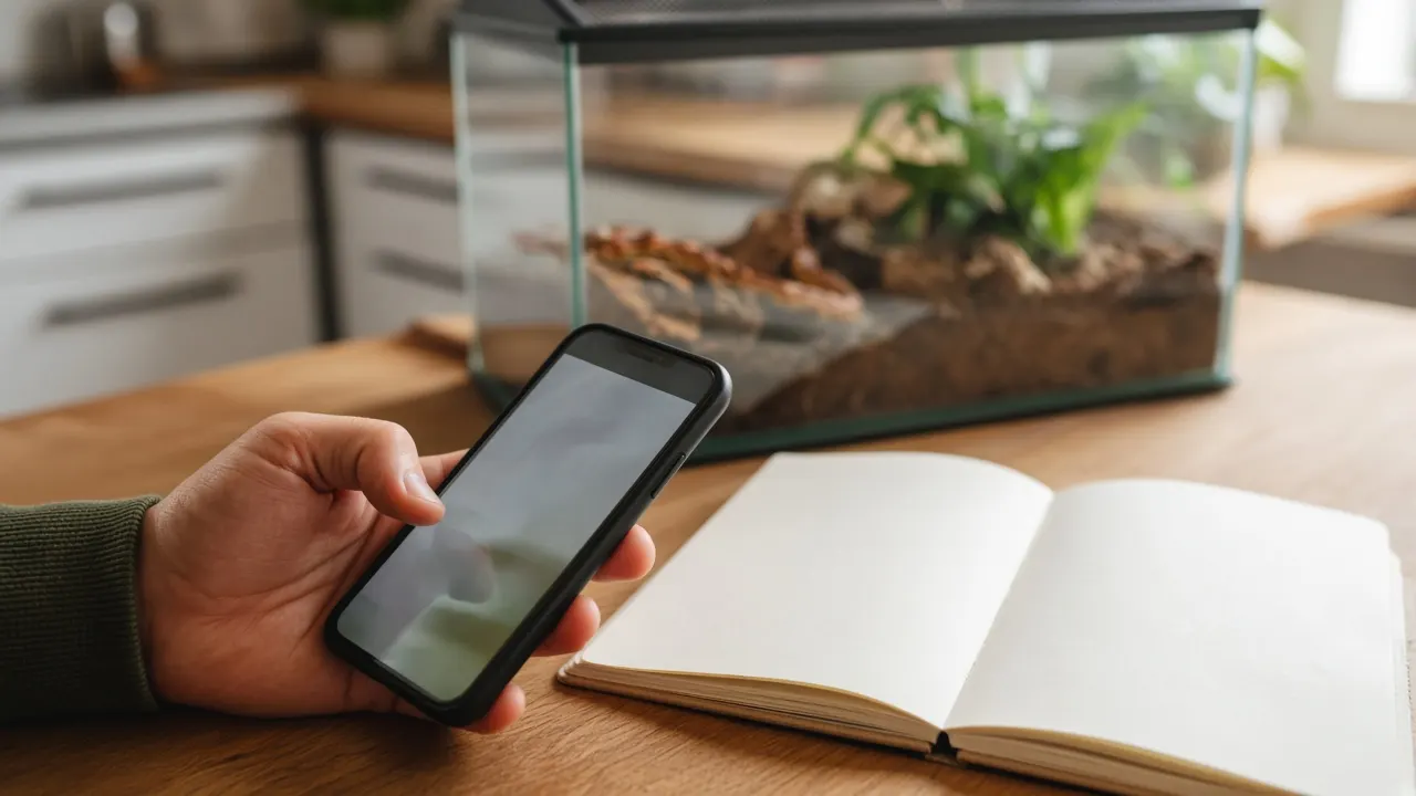 A person's hand holding a phone beside an open notebook on a kitchen table, a young corn snake resting in a glass enclosure softly blurred behind