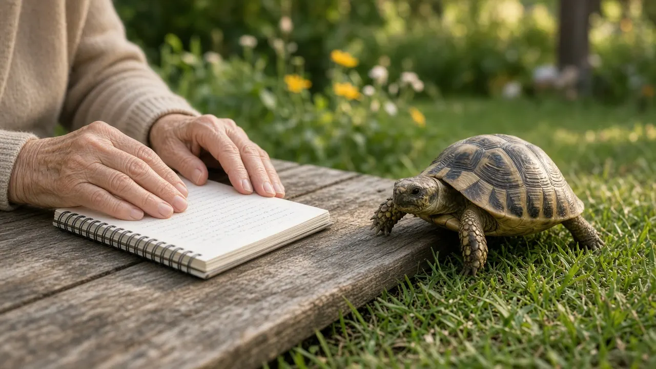 An elderly person's hands resting on a garden table beside a notebook, while a healthy Hermann's tortoise walks across the lawn in soft morning light