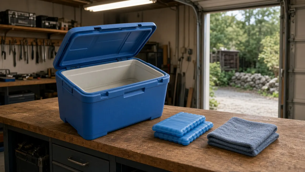 A clean blue camping cool box with its lid open on a garage workbench, two ice packs and a folded towel beside it