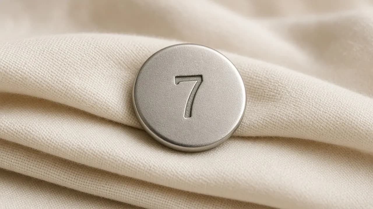 A small round stainless steel identification tag stamped with a number, resting on a folded cream cloth