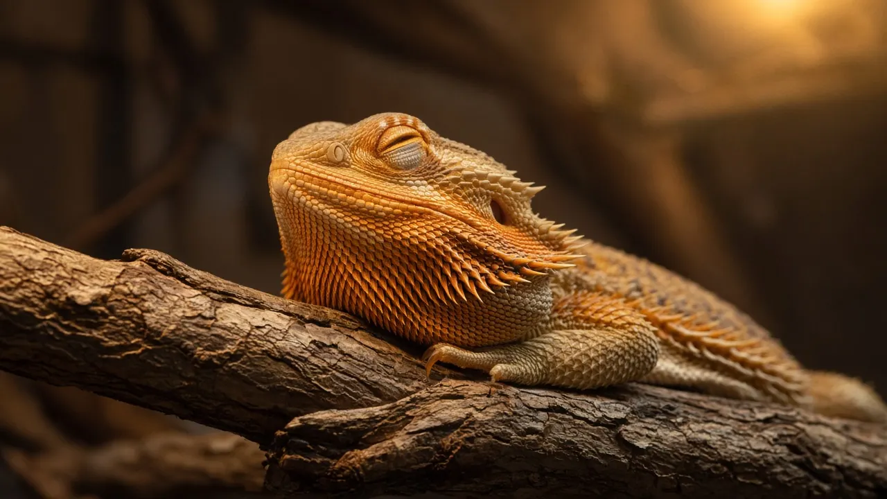 A healthy adult bearded dragon with an orange-tinged beard basking on a branch under warm lamp light, eyes half closed