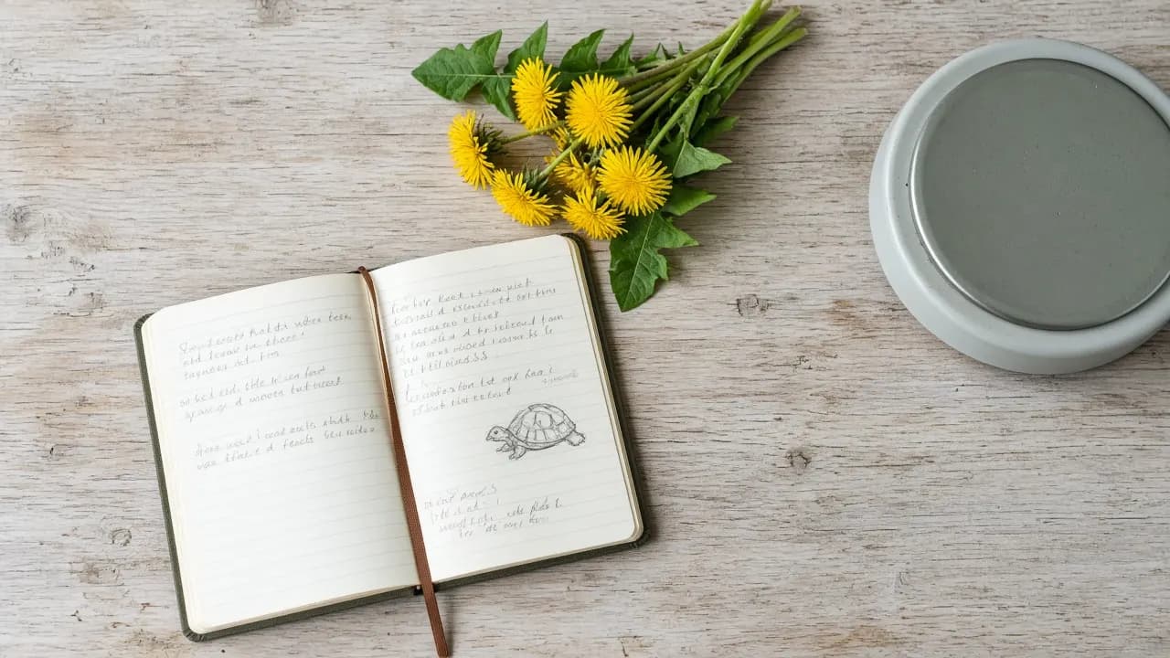 A handwritten care log for a pet tortoise, open beside a small bunch of dandelions on a kitchen table