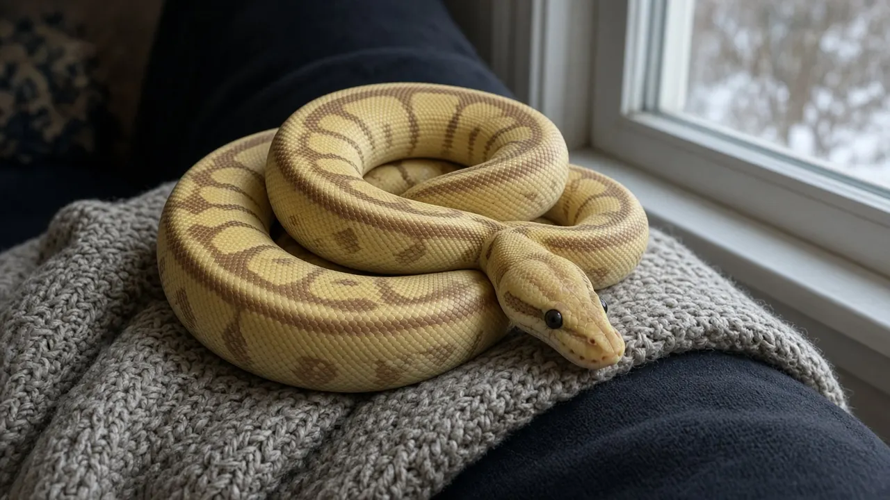 A banana-morph ball python resting in a loose coil on a keeper's lap beside a window