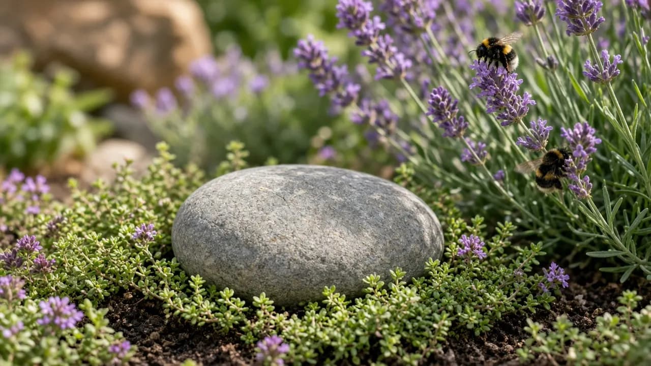 A smooth grey stone set among low thyme and lavender in a sunny cottage garden bed