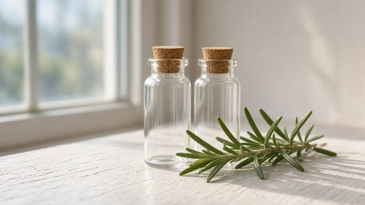 Two tiny glass keepsake vials with cork stoppers standing on a windowsill beside a sprig of rosemary