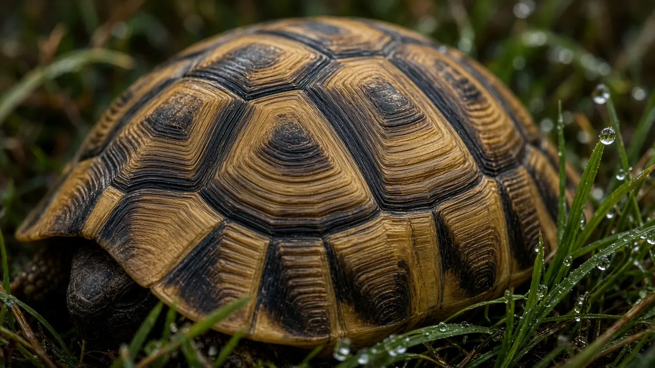 Close view of the ridged, amber and black scutes on the back of a living Hermann's tortoise in soft morning light