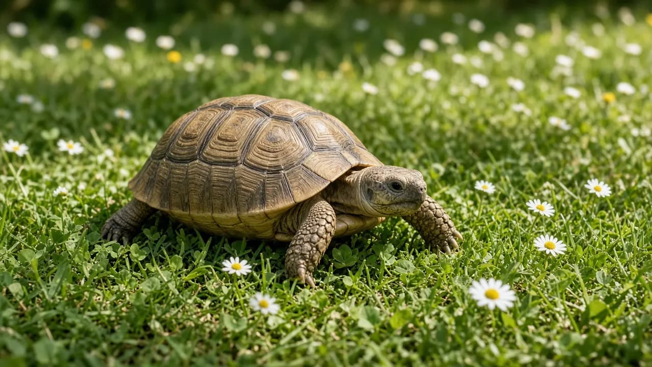 A healthy Russian tortoise walking across a sunlit lawn scattered with clover and daisies in late spring