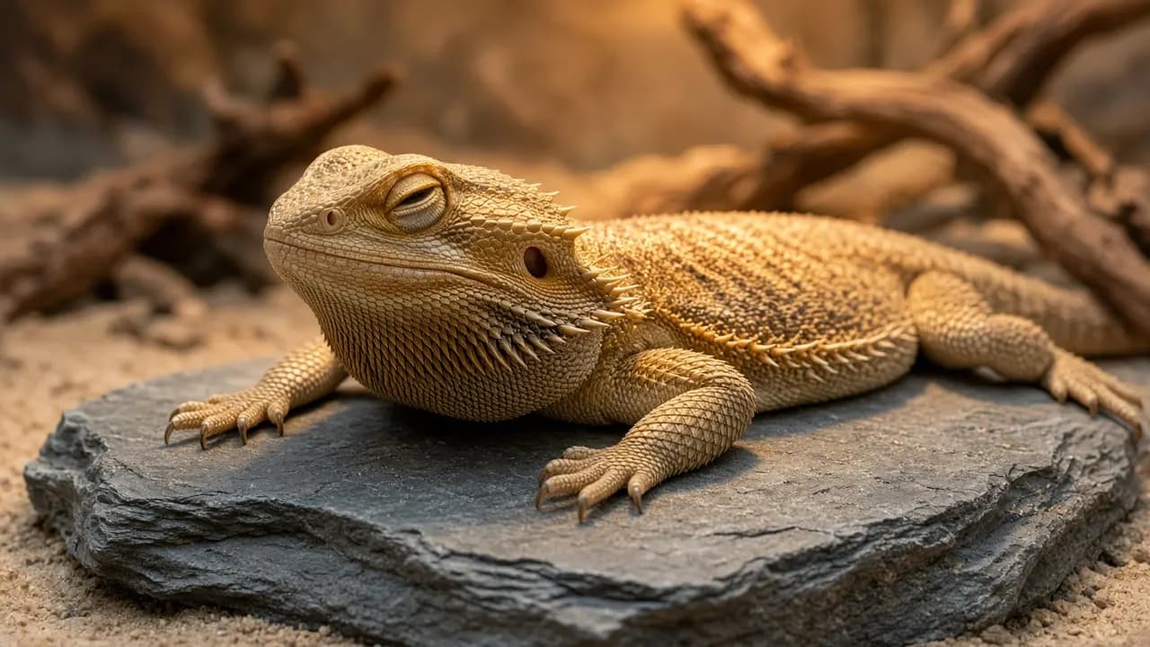 A bearded dragon basking on a warm slate rock under a heat lamp, eyes half closed