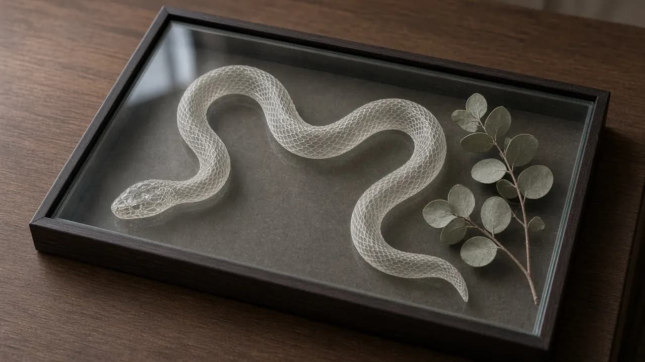 A complete, papery snake shed laid in a shallow glass display box on a wooden desk