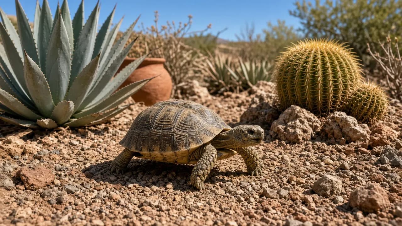 A desert tortoise walking between agave plants in a sunny Arizona backyard garden