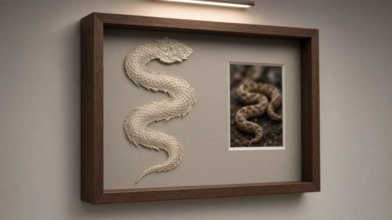 A wooden shadow box holding a pressed snake shed and a small photo, hung on a softly lit wall