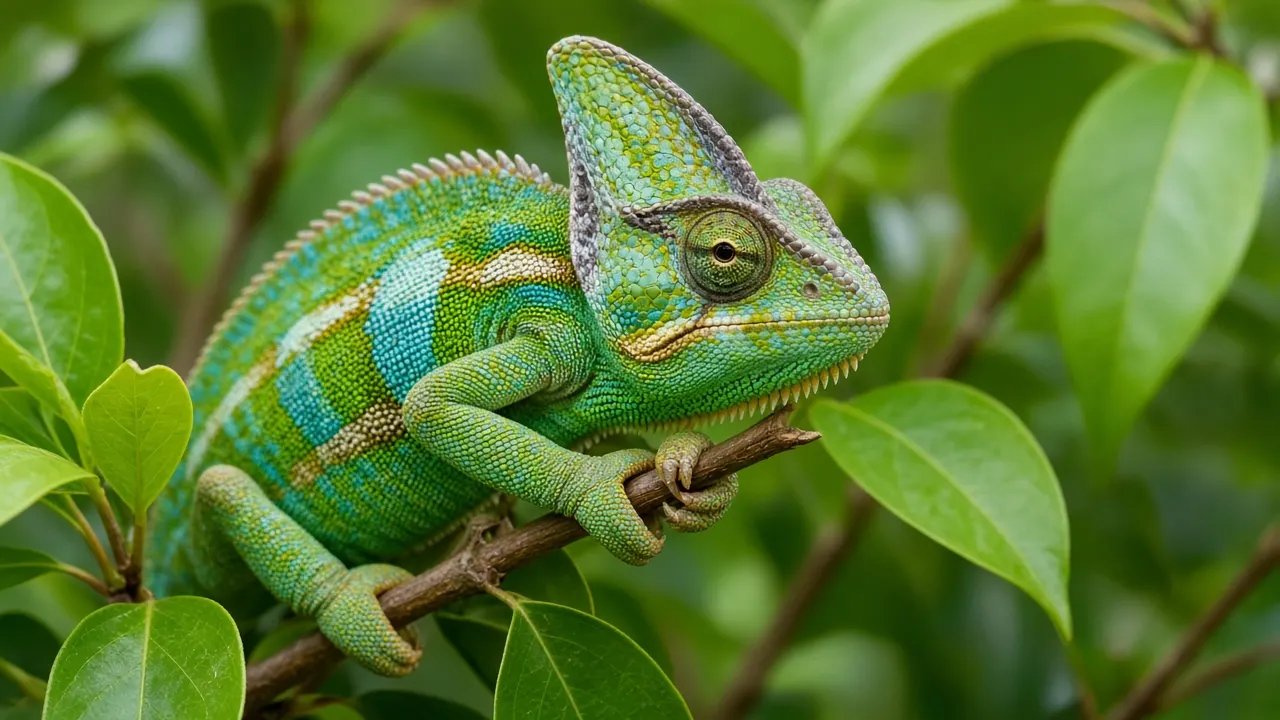 A veiled chameleon gripping a branch among green leaves, one eye turned towards the camera