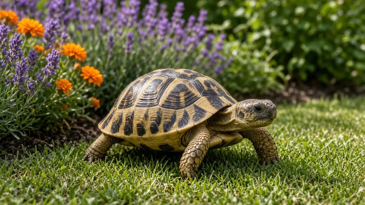 A Hermann's tortoise walking across a sunny garden lawn beside a flowerbed