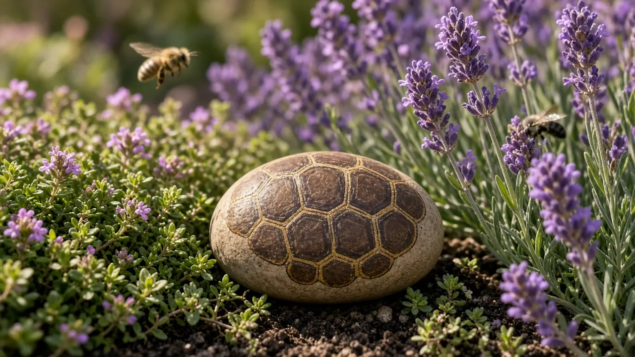A small hand-painted memorial stone among thyme and lavender in a sunny garden border