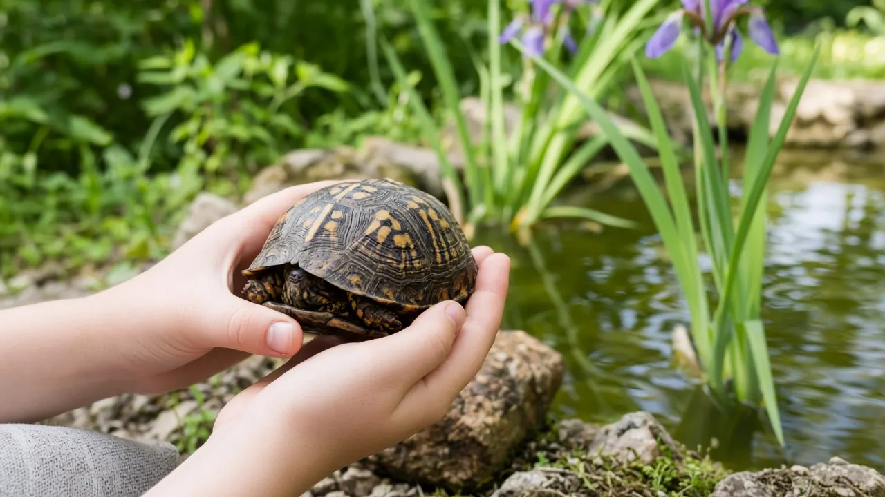 A child's hands gently holding a small box turtle beside a garden pond in spring