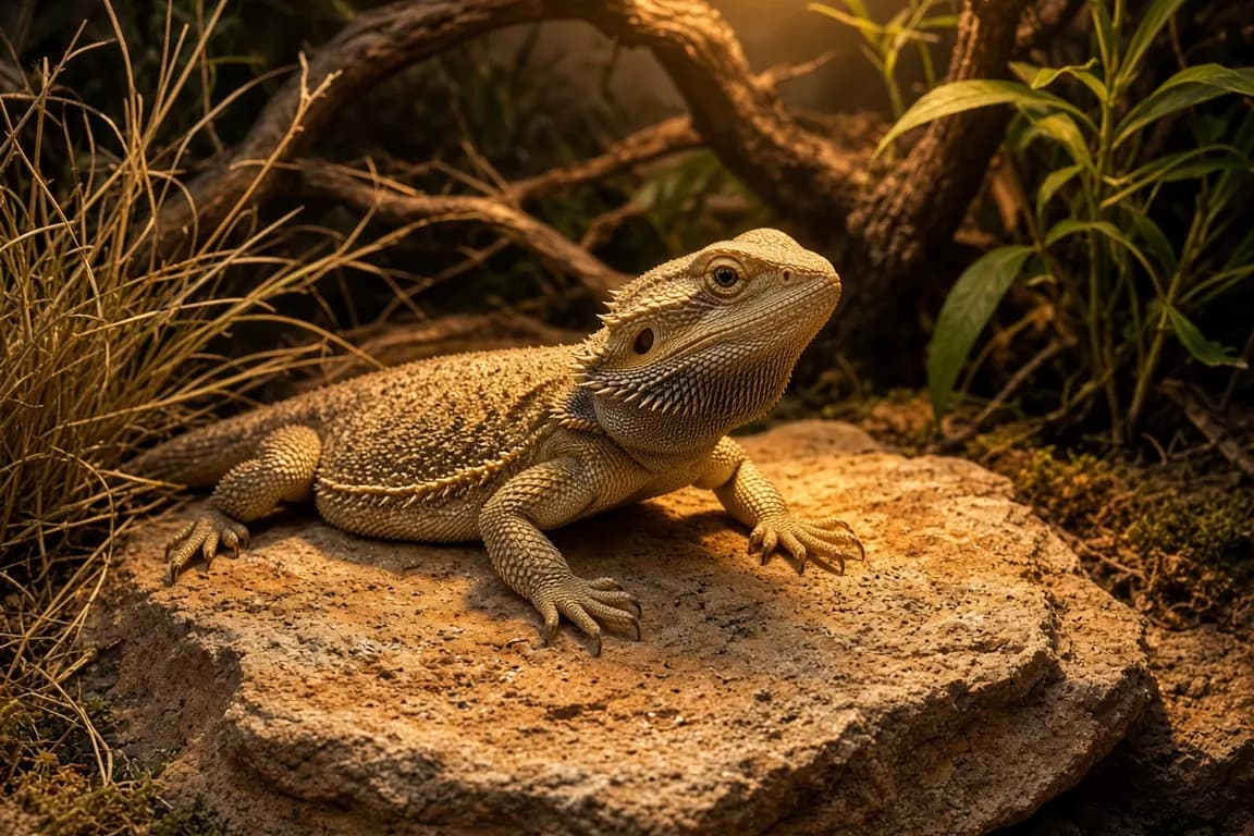 A bearded dragon basking on a warm rock under a heat lamp in a planted vivarium