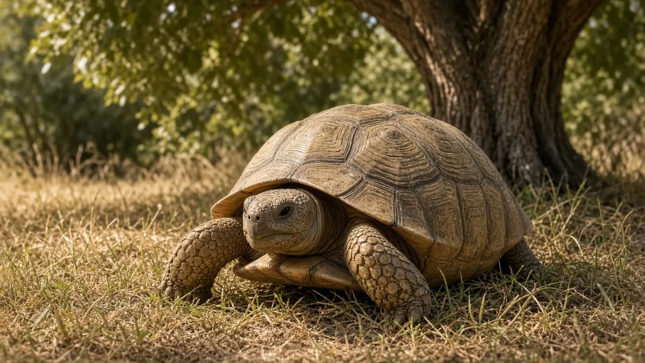 An old sulcata tortoise resting in dappled shade on a dry grassy lawn