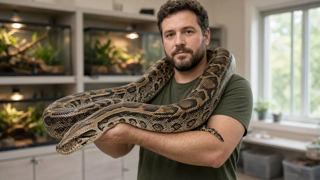 A keeper supporting a calm Burmese python across both arms in a bright reptile room