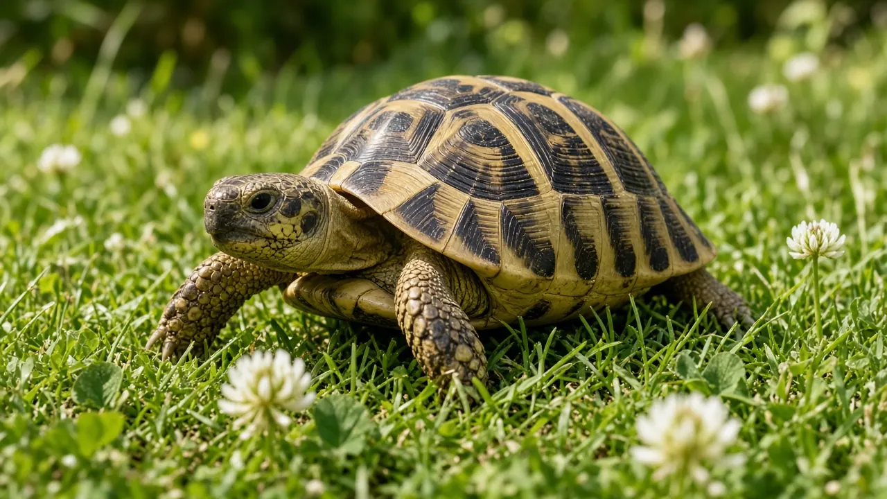 A healthy Hermann's tortoise walking across a sunny lawn beside clover flowers