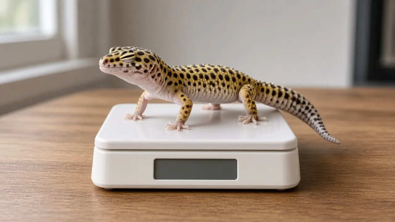 A leopard gecko standing calmly on a small digital kitchen scale on a wooden counter