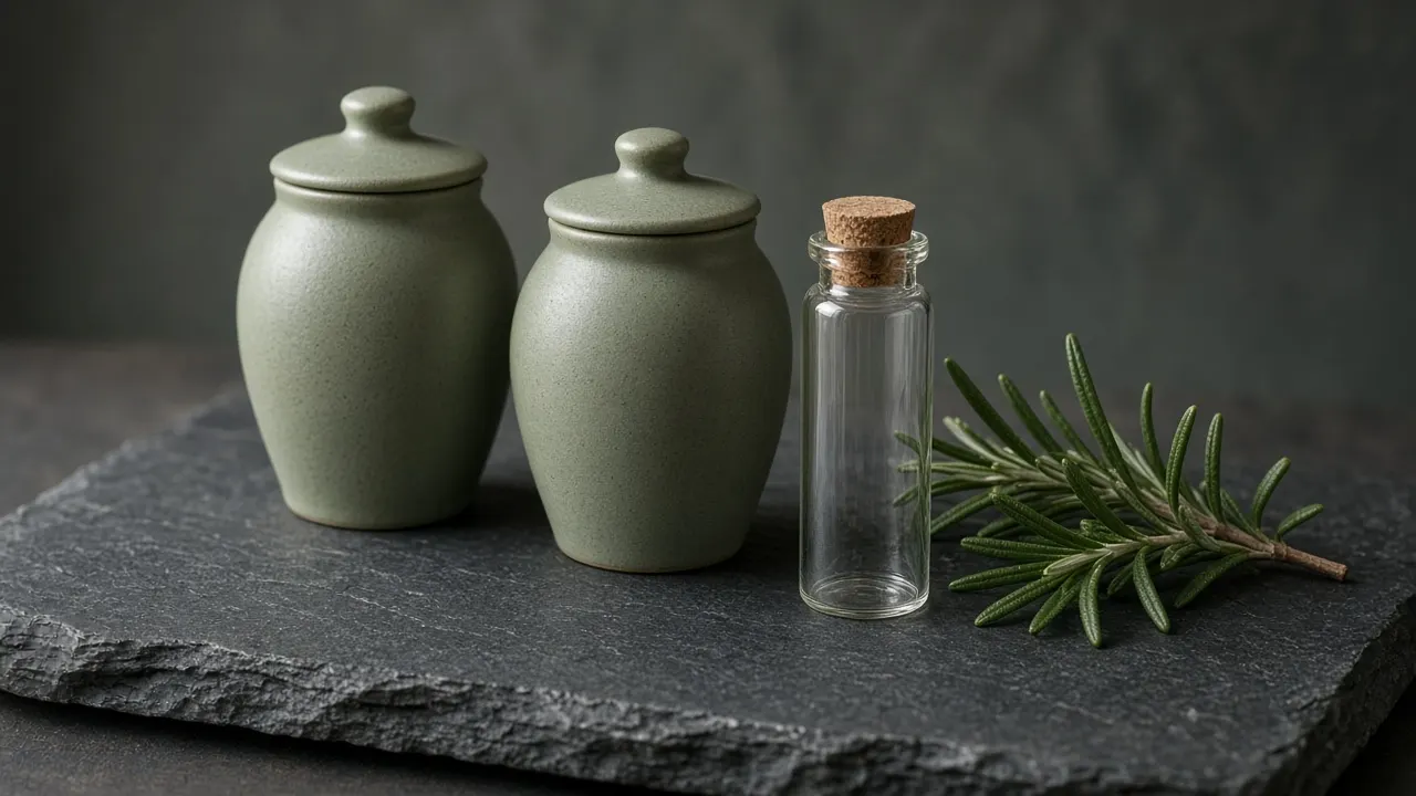 Two small matte ceramic keepsake urns and a slim glass vial arranged on a slate tile with a sprig of rosemary
